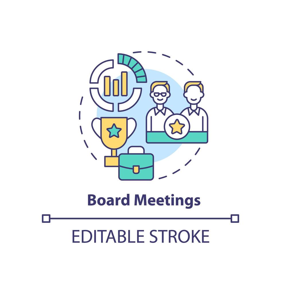 Board meetings concept icon. Shareholder conference. Type of corporate events abstract idea thin line illustration. Isolated outline drawing. Editable stroke vector