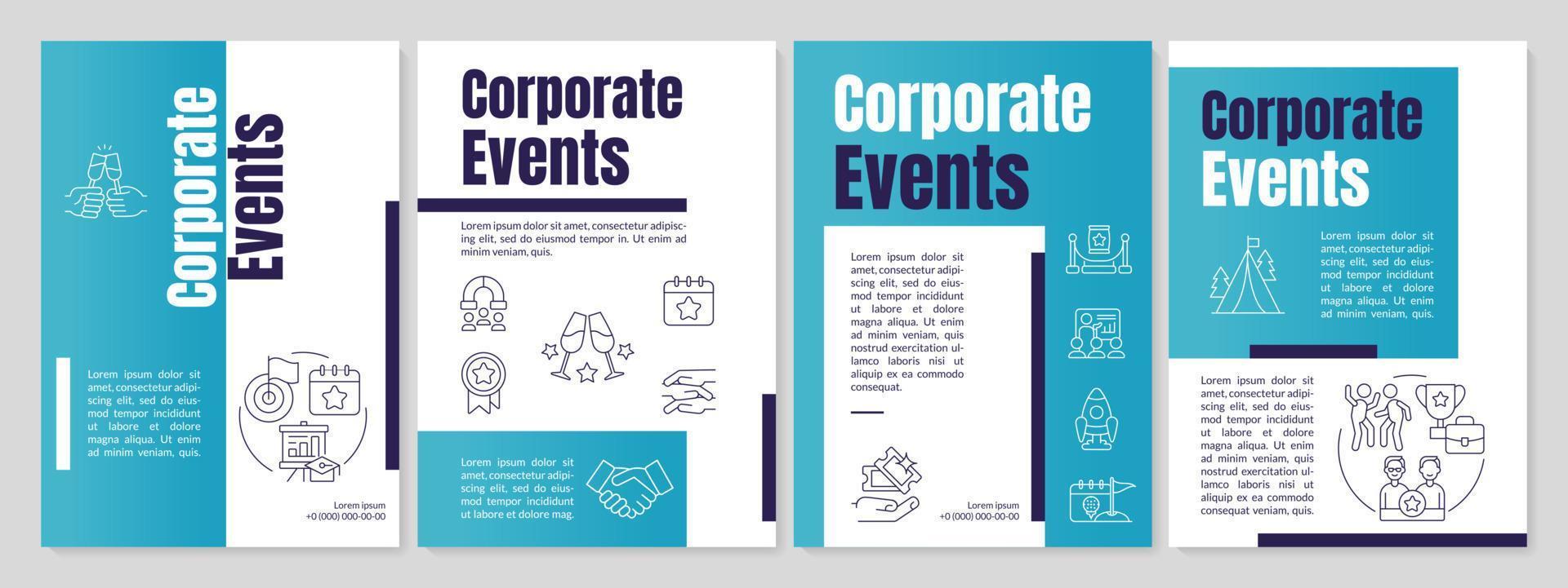 Corporate events blue brochure template. Business meeting. Leaflet design with linear icons. Editable 4 vector layouts for presentation, annual reports