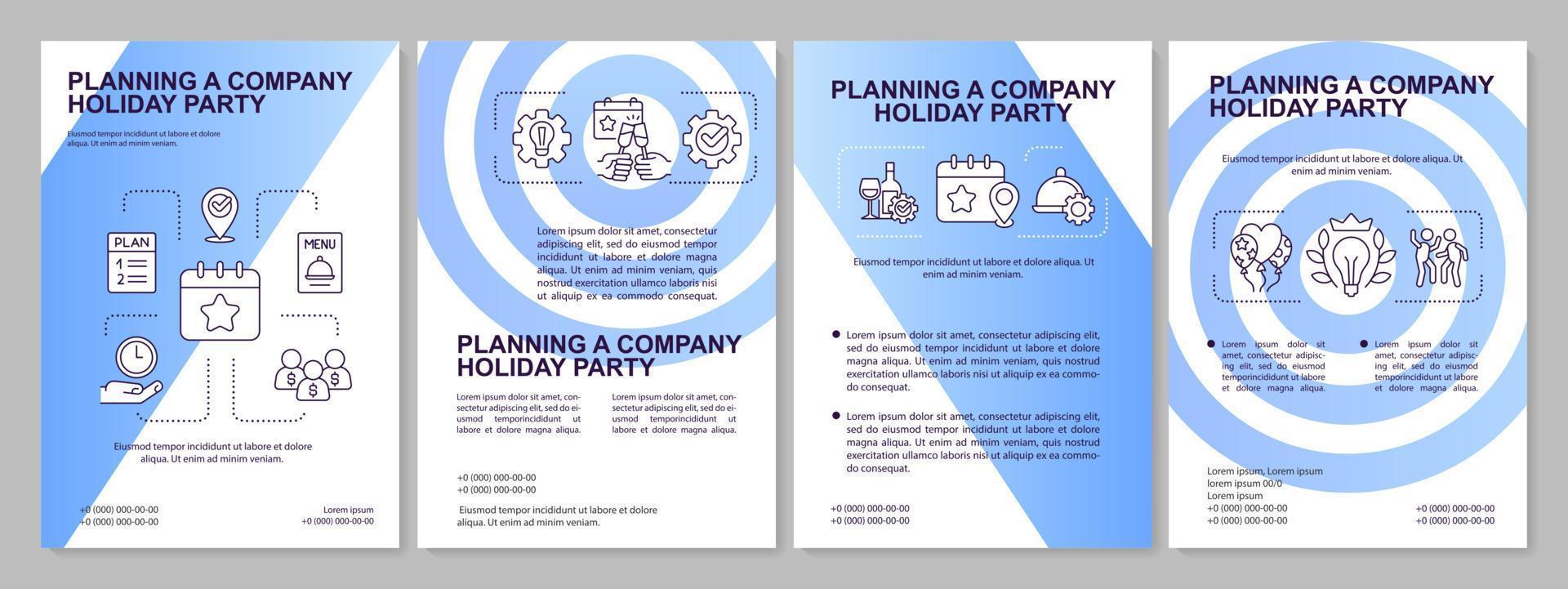 Planning company holiday party blue brochure template. Informal event. Leaflet design with linear icons. 4 vector layouts for presentation, annual reports