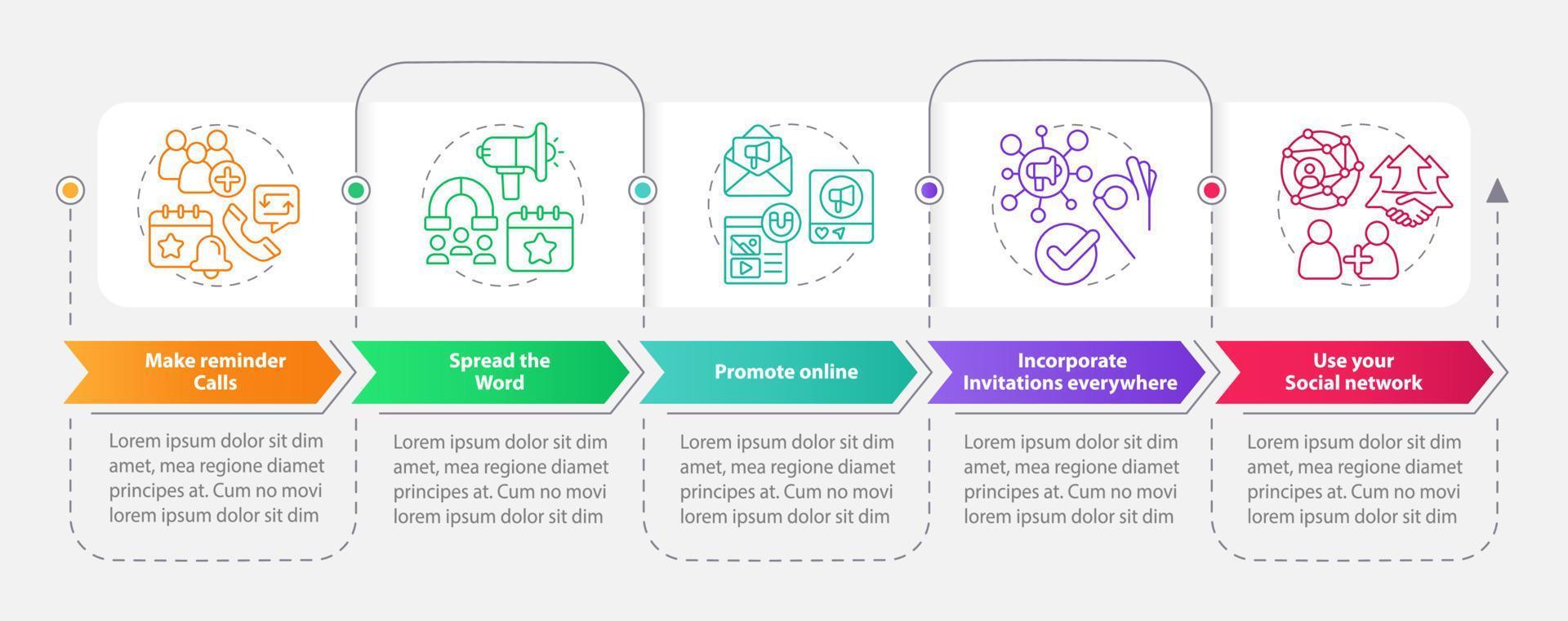 Engaging guests on business meeting rectangle infographic template. Data visualization with 5 steps. Editable timeline info chart. Workflow layout with line icons vector