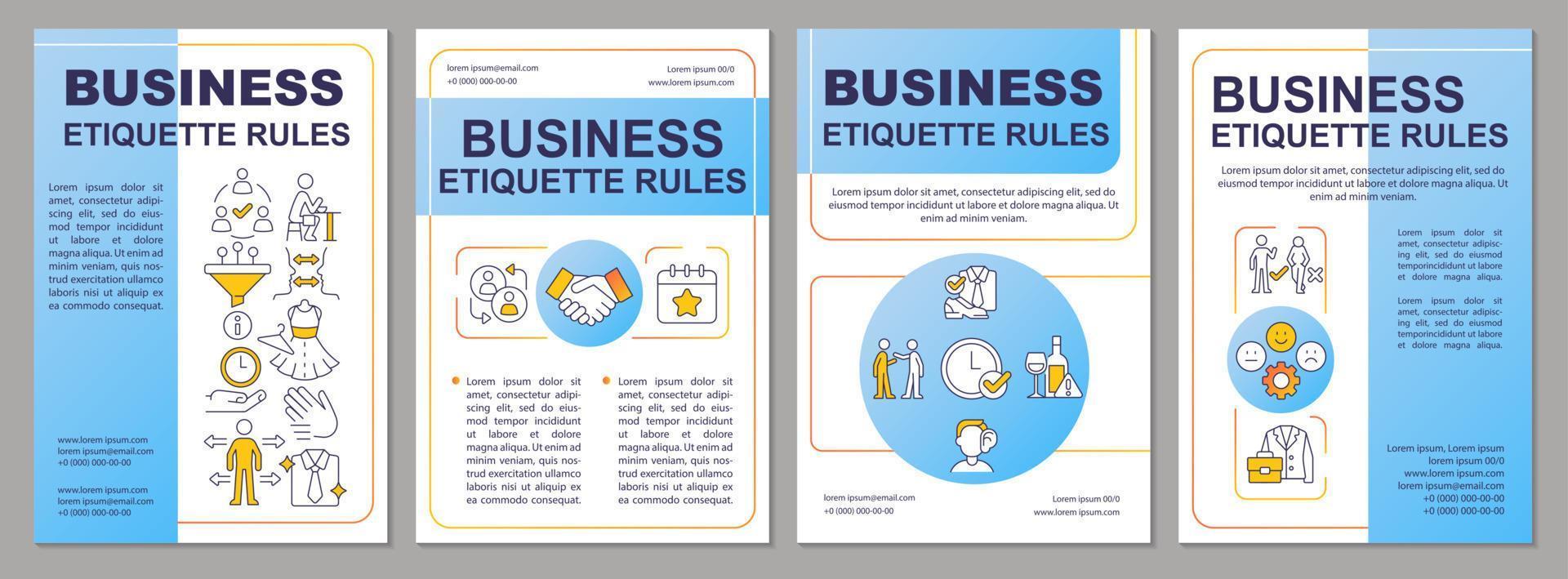 Common business etiquette blue brochure template. Leaflet design with linear icons. Editable 4 vector layouts for presentation, annual reports