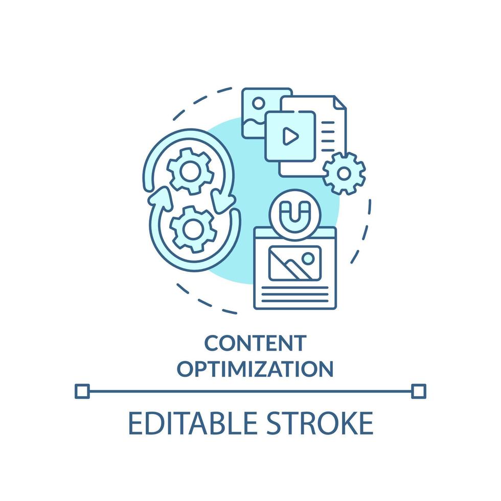 Content optimization turquoise concept icon. SEO analytics. AI in marketing abstract idea thin line illustration. Isolated outline drawing. Editable stroke vector