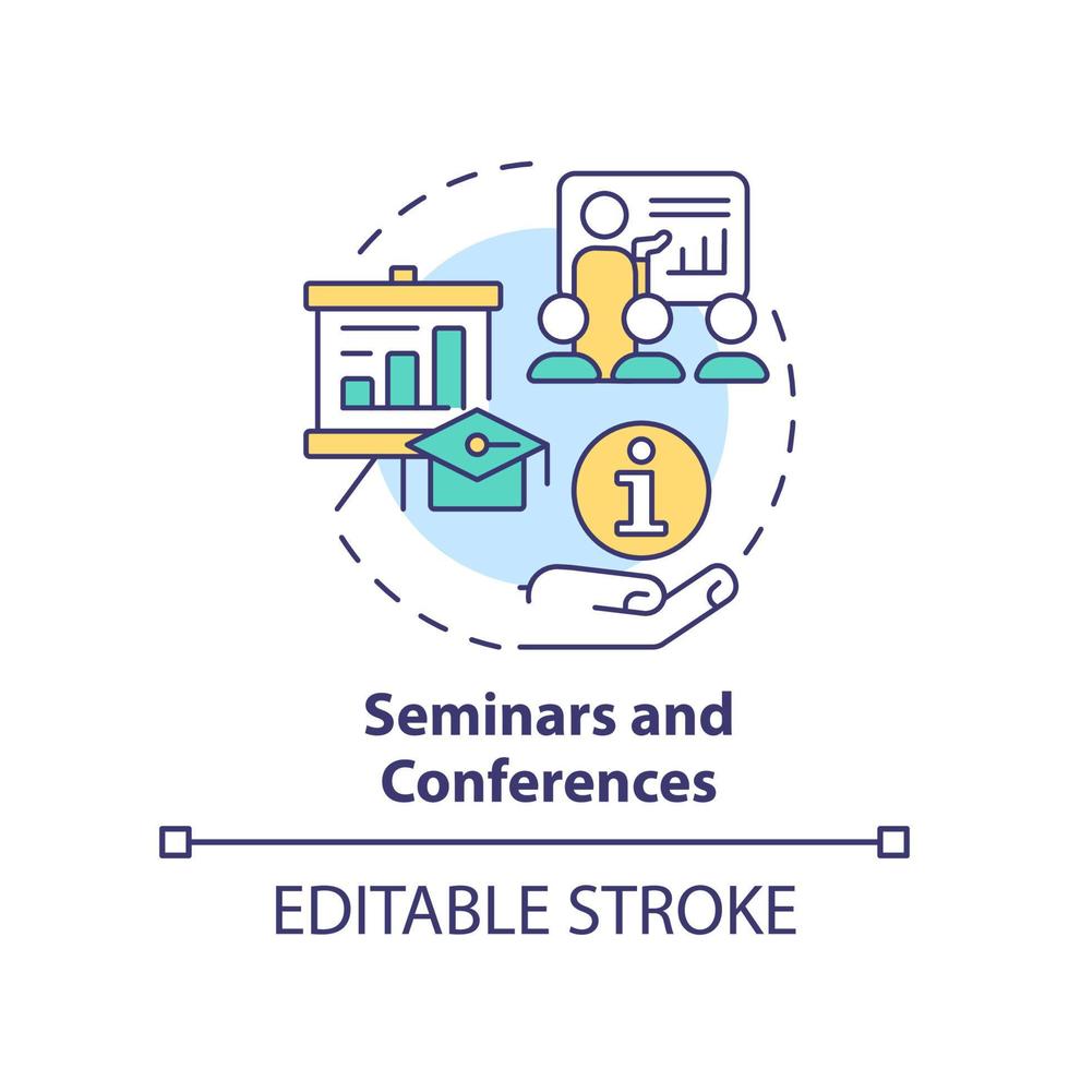 Seminars and conferences concept icon. Business work. Type of corporate events abstract idea thin line illustration. Isolated outline drawing. Editable stroke vector