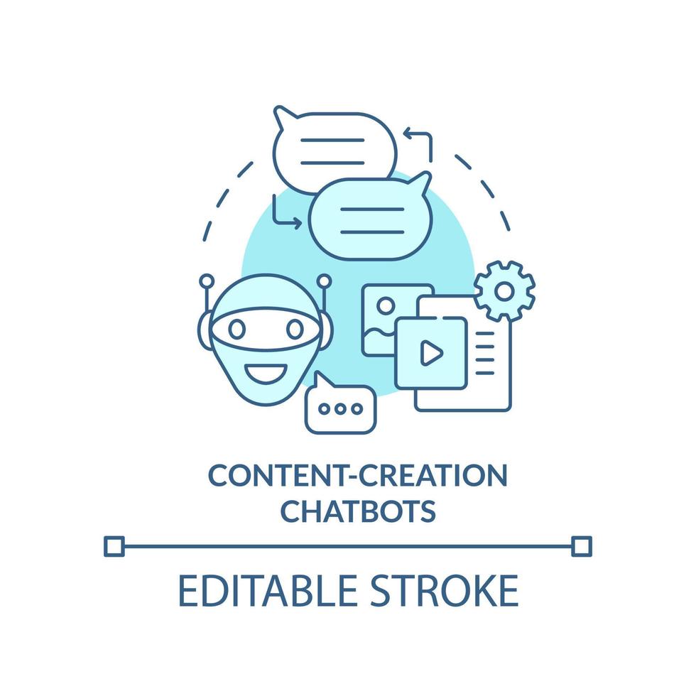 Content creation chatbots turquoise concept icon. AI integration in marketing abstract idea thin line illustration. Isolated outline drawing. Editable stroke vector