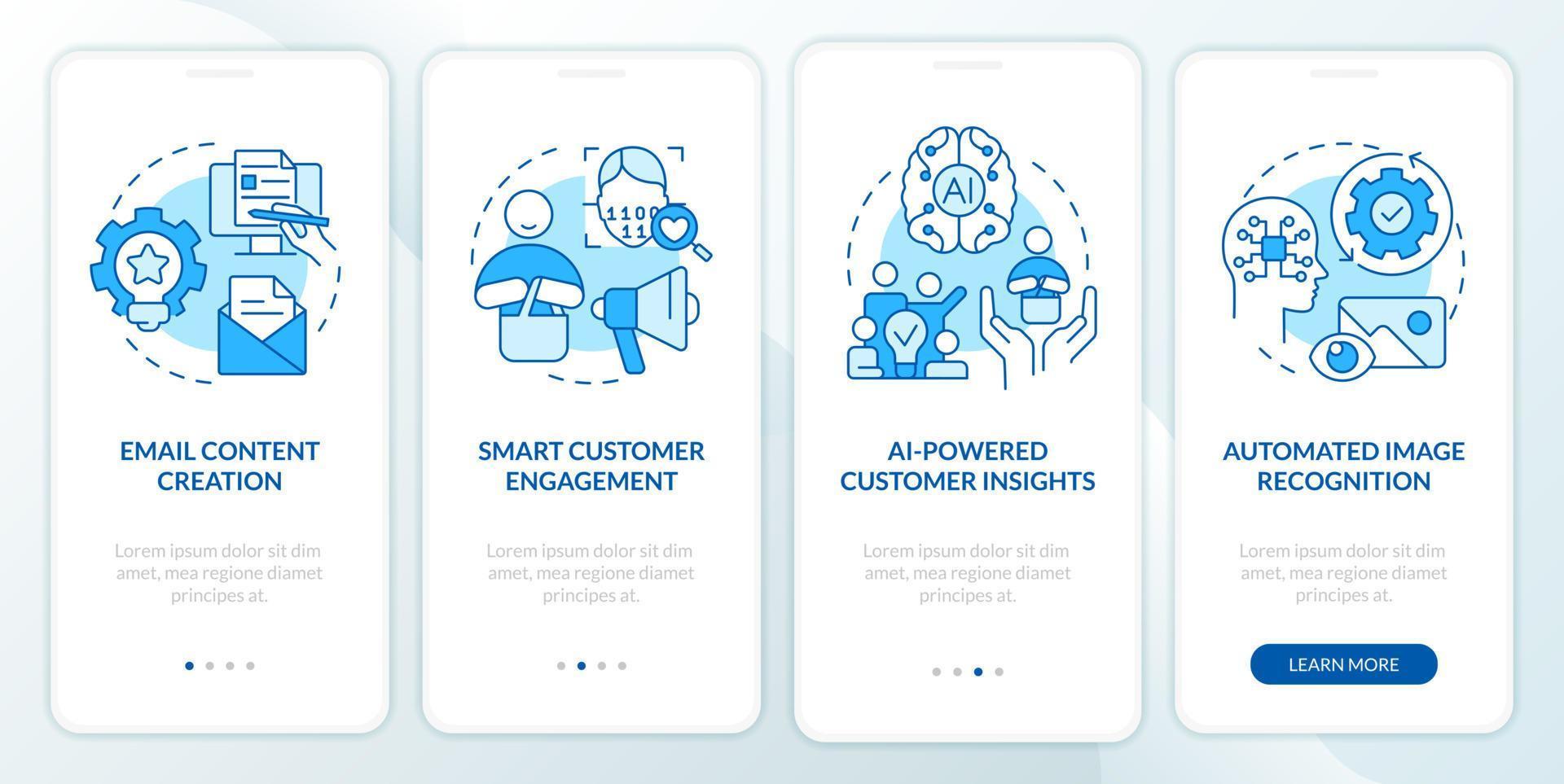 AI technology in marketing blue onboarding mobile app screen. Progress walkthrough 4 steps editable graphic instructions with linear concepts. UI, UX, GUI template vector