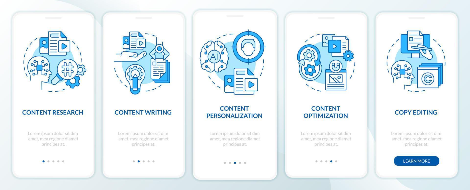 AI in content blue onboarding mobile app screen. Business online walkthrough 5 steps editable graphic instructions with linear concepts. UI, UX, GUI template vector