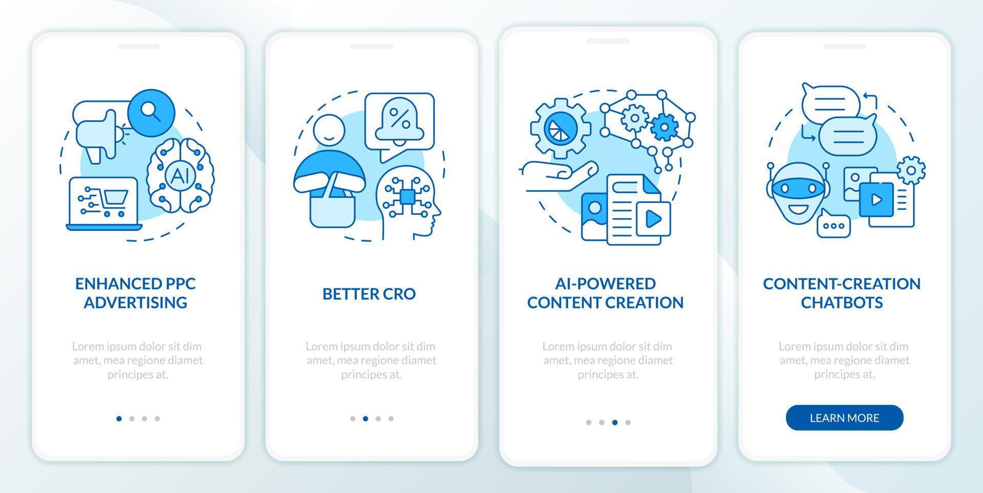 AI algorithm in marketing blue onboarding mobile app screen. Promotion walkthrough 4 steps editable graphic instructions with linear concepts. UI, UX, GUI template vector