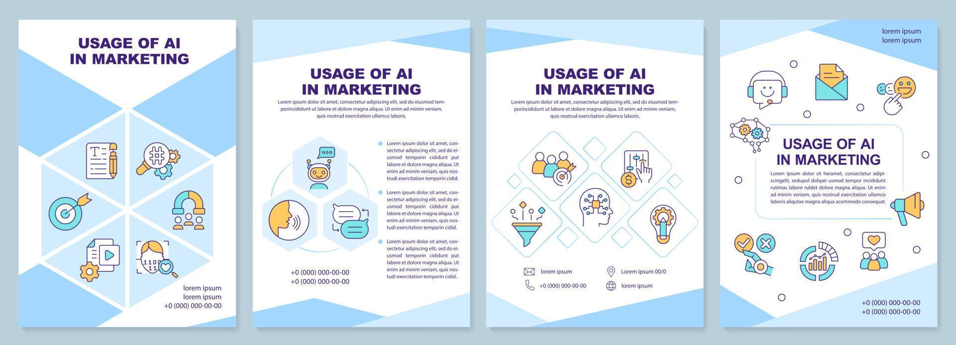 Usage of AI in marketing blue brochure template. Leaflet design with linear icons. Editable 4 vector layouts for presentation, annual reports