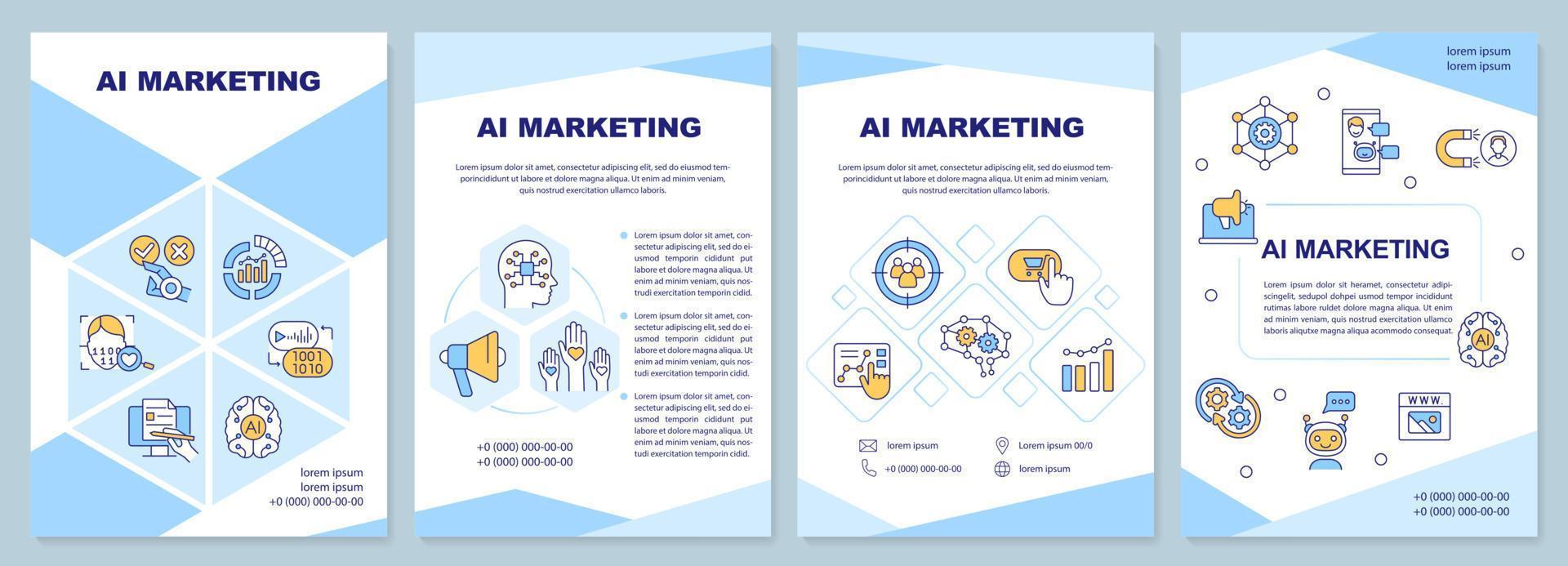 AI marketing blue brochure template. Business technology. Leaflet design with linear icons. Editable 4 vector layouts for presentation, annual reports