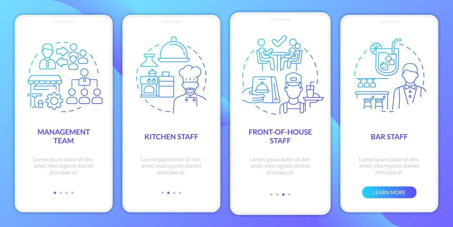 Key positions in restaurant blue gradient onboarding mobile app screen. Walkthrough 4 steps graphic instructions with linear concepts. UI, UX, GUI template vector
