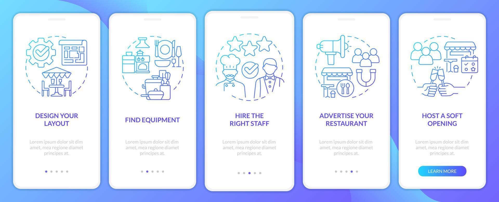 Planning for new restaurant blue gradient onboarding mobile app screen. Walkthrough 5 steps graphic instructions with linear concepts. UI, UX, GUI template vector