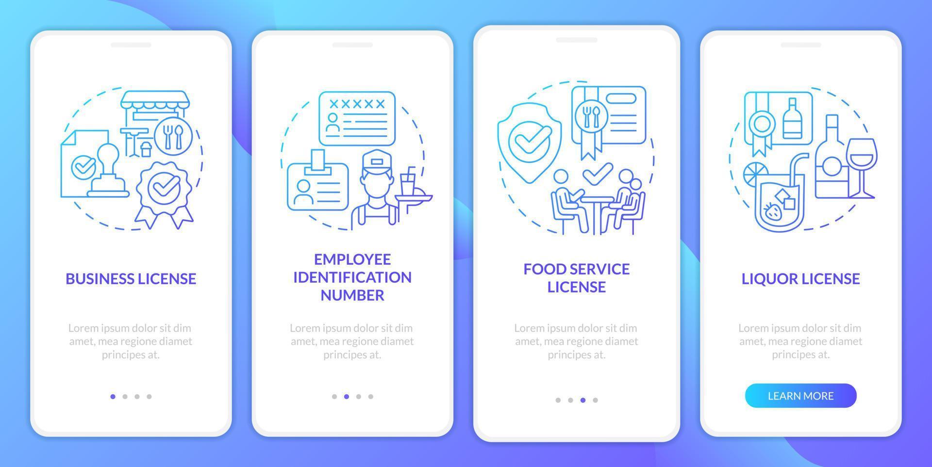 Restaurant licensing blue gradient onboarding mobile app screen. Walkthrough 4 steps graphic instructions with linear concepts. UI, UX, GUI template vector