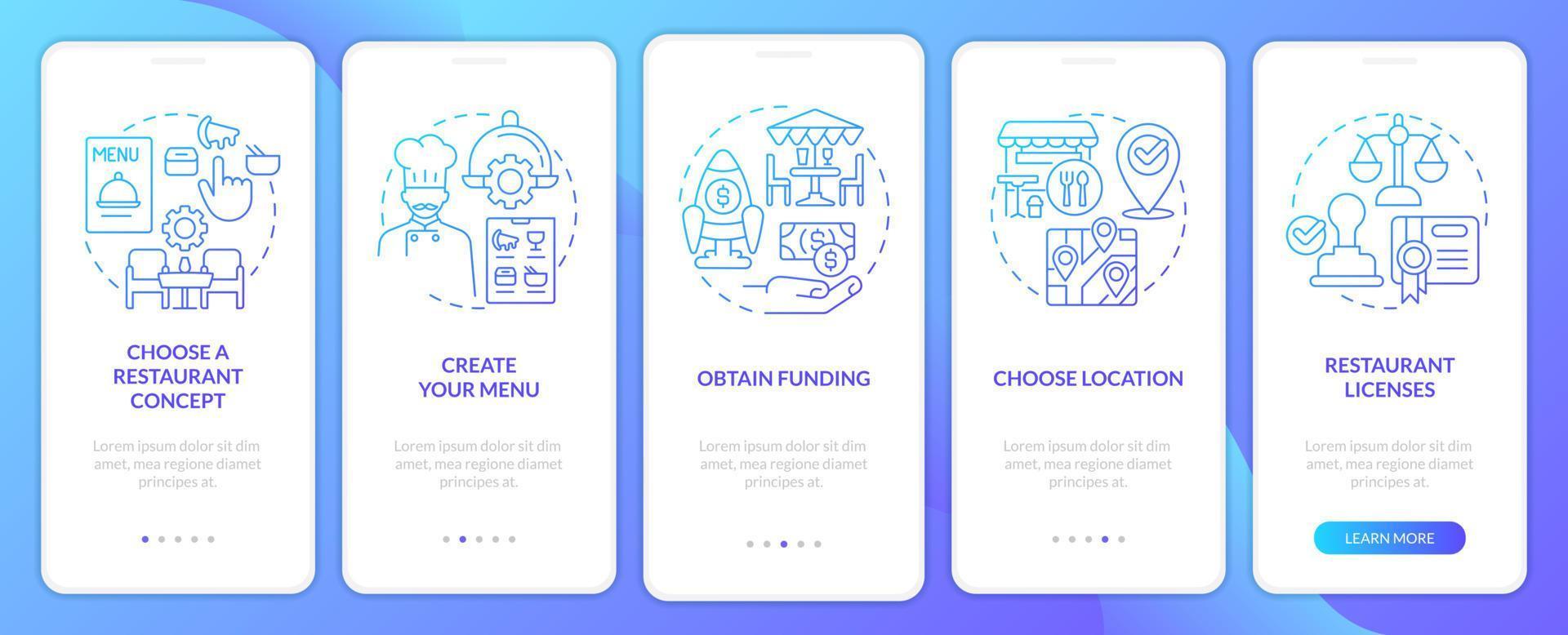 Start restaurant journey blue gradient onboarding mobile app screen. Walkthrough 5 steps graphic instructions with linear concepts. UI, UX, GUI template vector