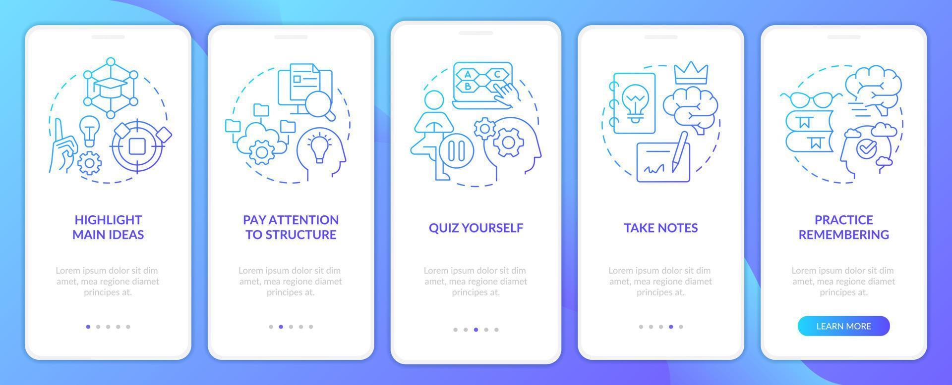 Learning and memorizing techniques blue gradient onboarding mobile app screen. Walkthrough 5 steps graphic instructions with linear concepts. UI, UX, GUI template vector