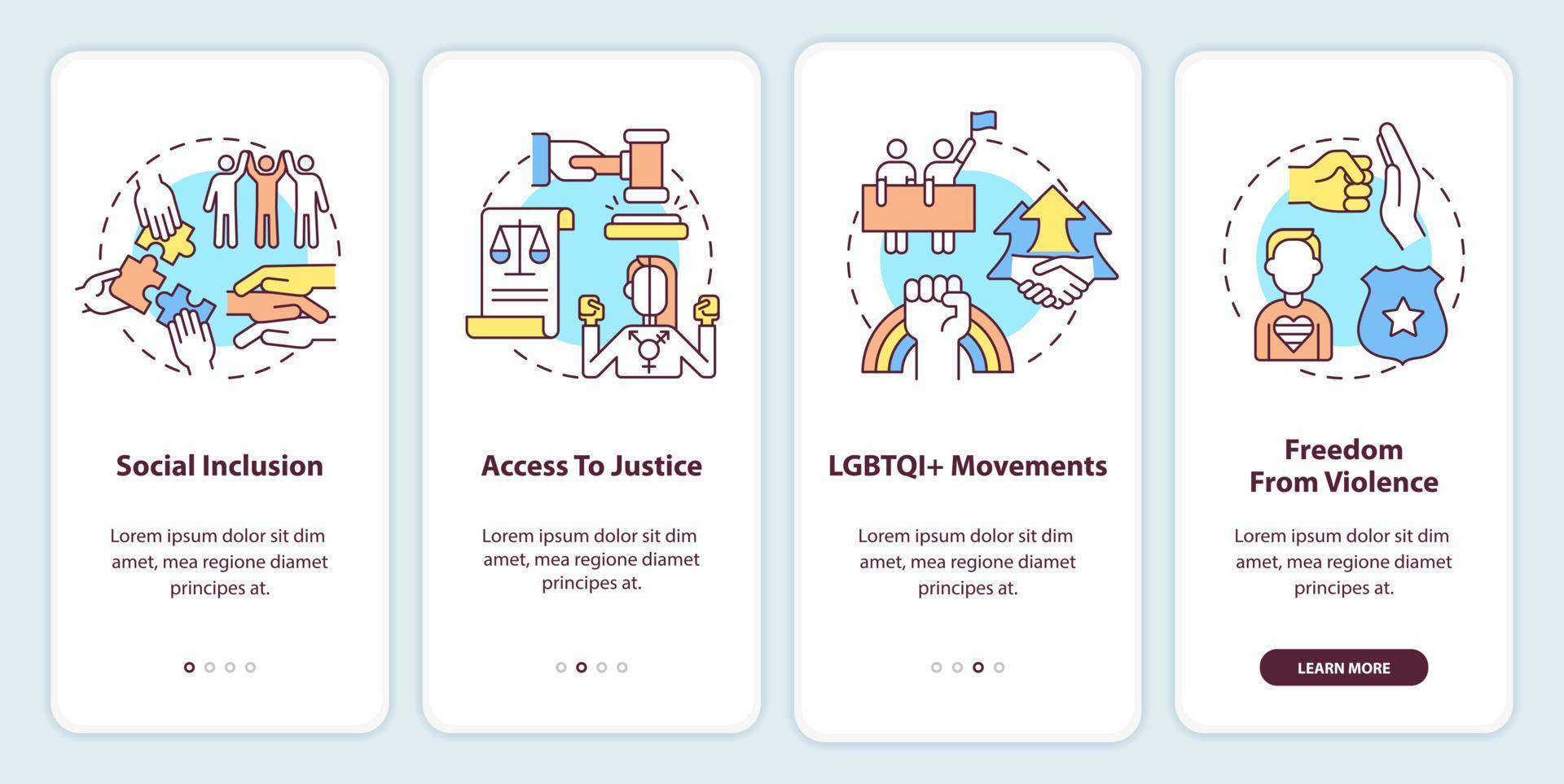 LGBT community programs onboarding mobile app screen. Walkthrough 4 steps editable graphic instructions with linear concepts. UI, UX, GUI template vector