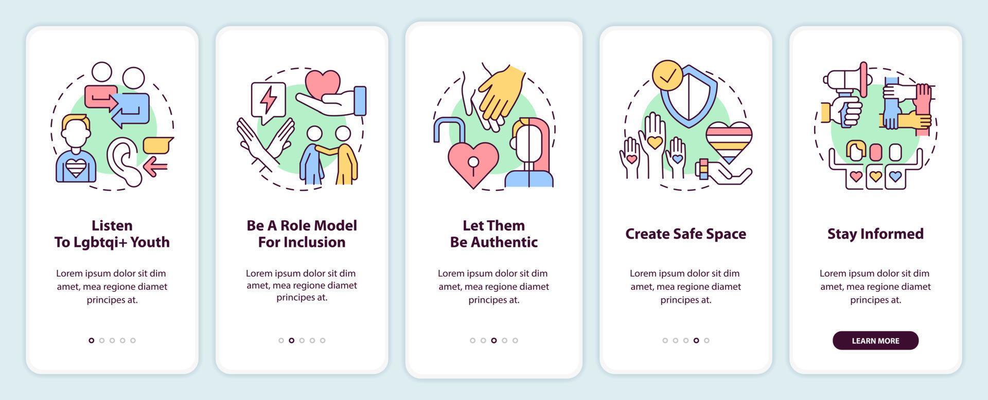 Supporting LGBT youth onboarding mobile app screen. Walkthrough 5 steps editable graphic instructions with linear concepts. UI, UX, GUI template vector