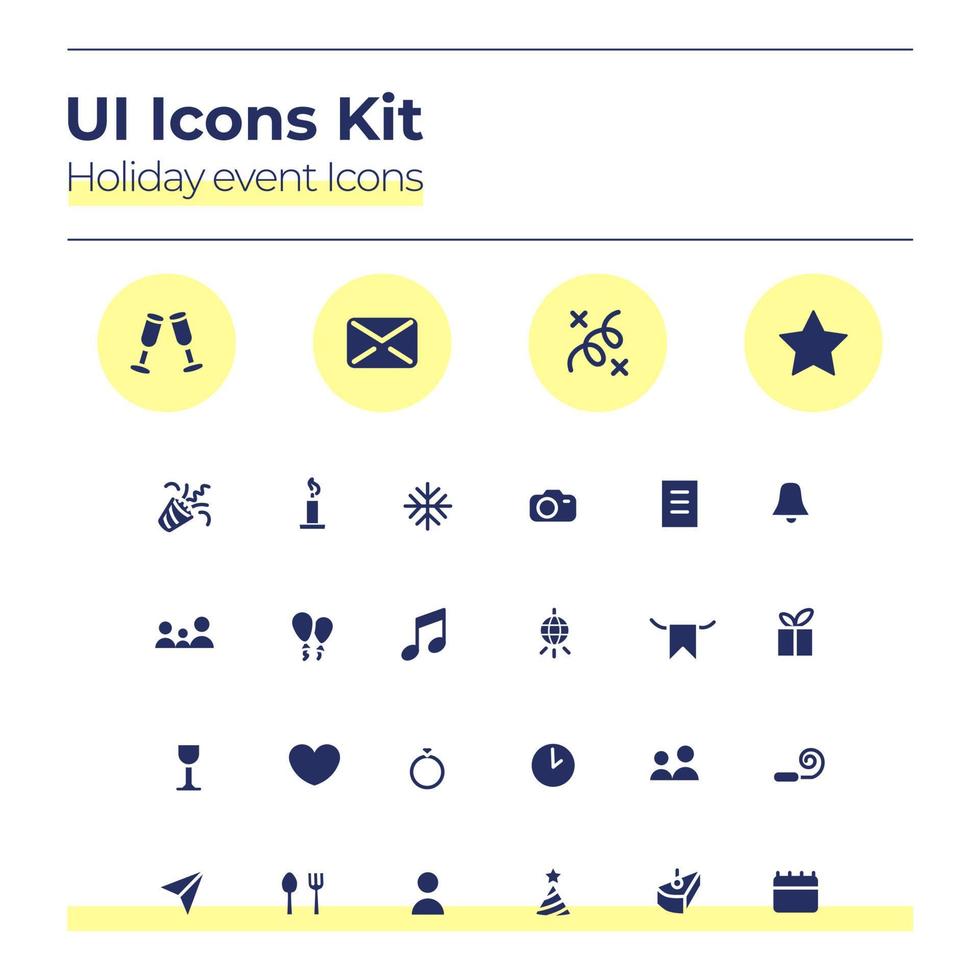 Holiday events UI icons kit. Party calender glyph vector symbols set. Birthday, wedding date. Celebration mobile app buttons in yellow circles pack. Web design elements collection
