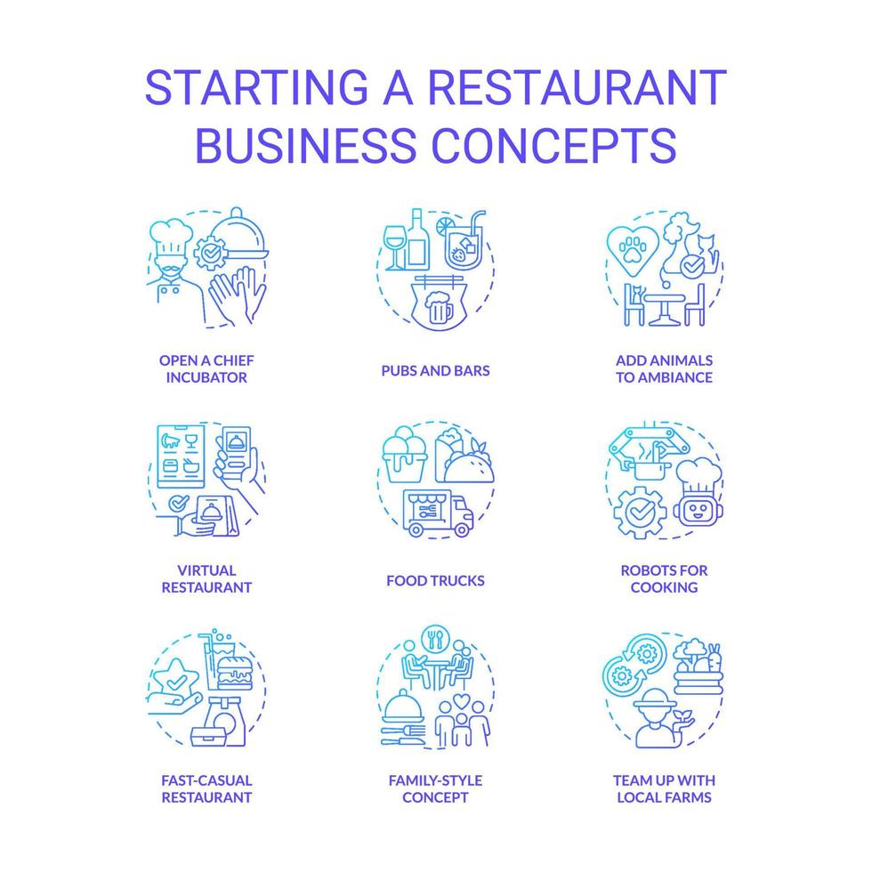 conjunto de iconos de concepto de gradiente azul de negocio de restaurante inicial. los camiones de comida y los pubs idean ilustraciones en color de línea delgada. puesta en marcha de la planificación. simbolos aislados vector