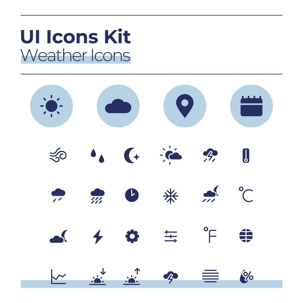 Weather UI icons kit. Forecast glyph vector symbols set. Sunny and cloudy. Warm, cold climate. Meteorology mobile app buttons in blue circles pack. Web design elements collection