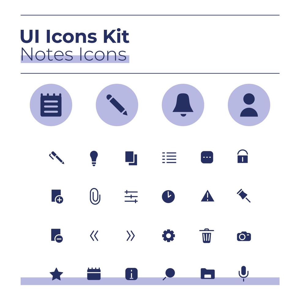 Notes UI icons kit. Private journal glyph vector symbols set. Add image file. Personal diary mobile app buttons in purple circles pack. Web design elements collection