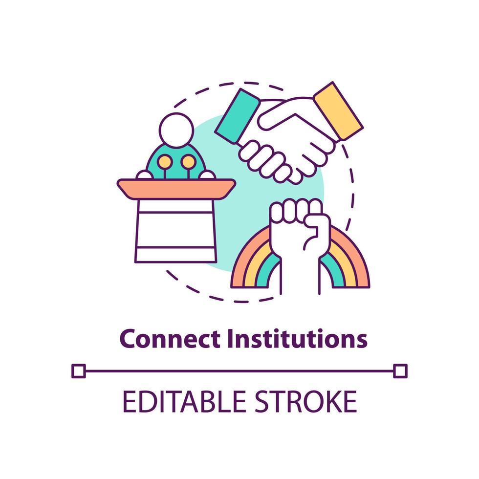 Connect institutions concept icon. Social organizations. State support abstract idea thin line illustration. Isolated outline drawing. Editable stroke vector