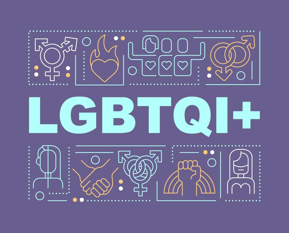 LGBTQI word concepts dark purple banner. Community. Gender identity. Infographics with editable icons on color background. Isolated typography. Vector illustration with text