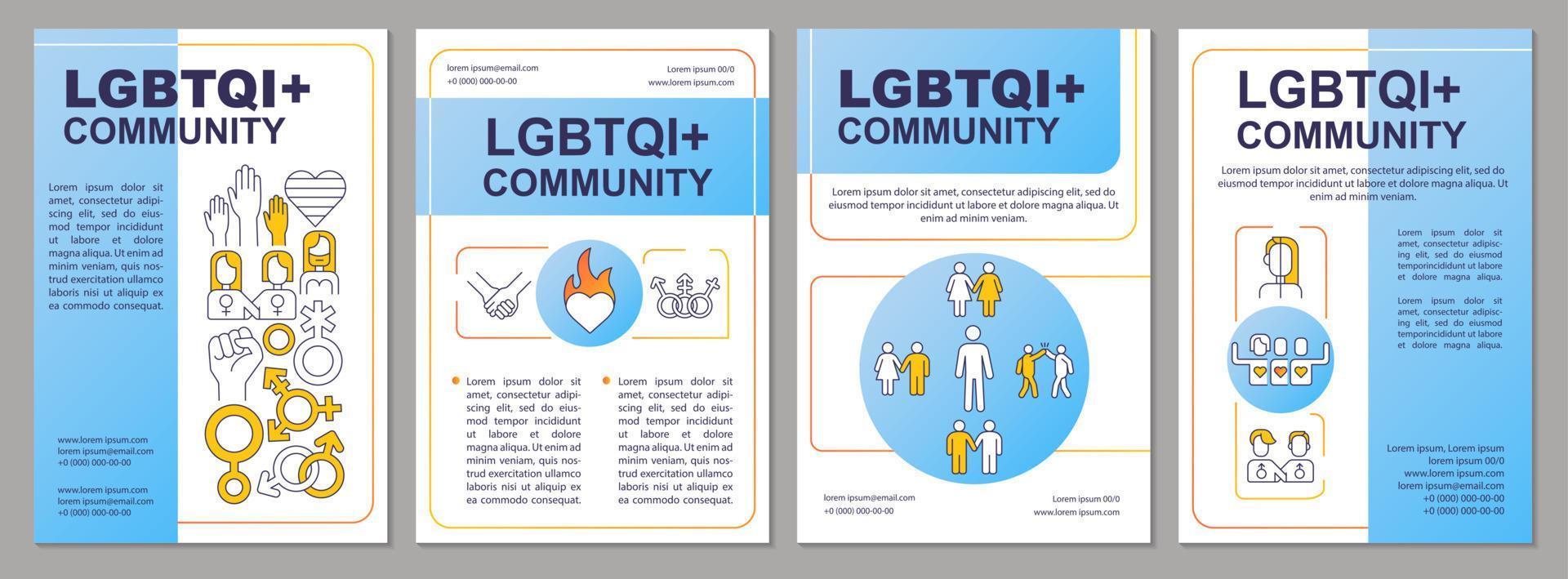 plantilla de folleto azul de la comunidad lgbtqi. grupo social. diseño de folletos con iconos lineales. 4 diseños vectoriales editables para presentación, informes anuales vector