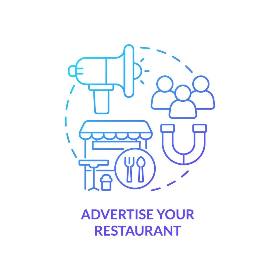 Advertise restaurant blue gradient concept icon. Plan before opening food service establishment abstract idea thin line illustration. Promotion. Isolated outline drawing vector