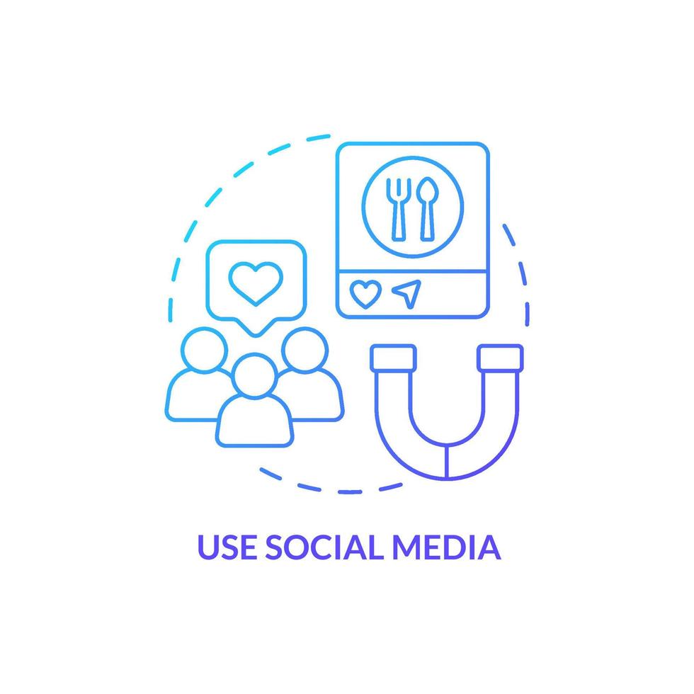 Use social media blue gradient concept icon. Attract customers to restaurant abstract idea thin line illustration. Promotional tool. Communication. Isolated outline drawing vector