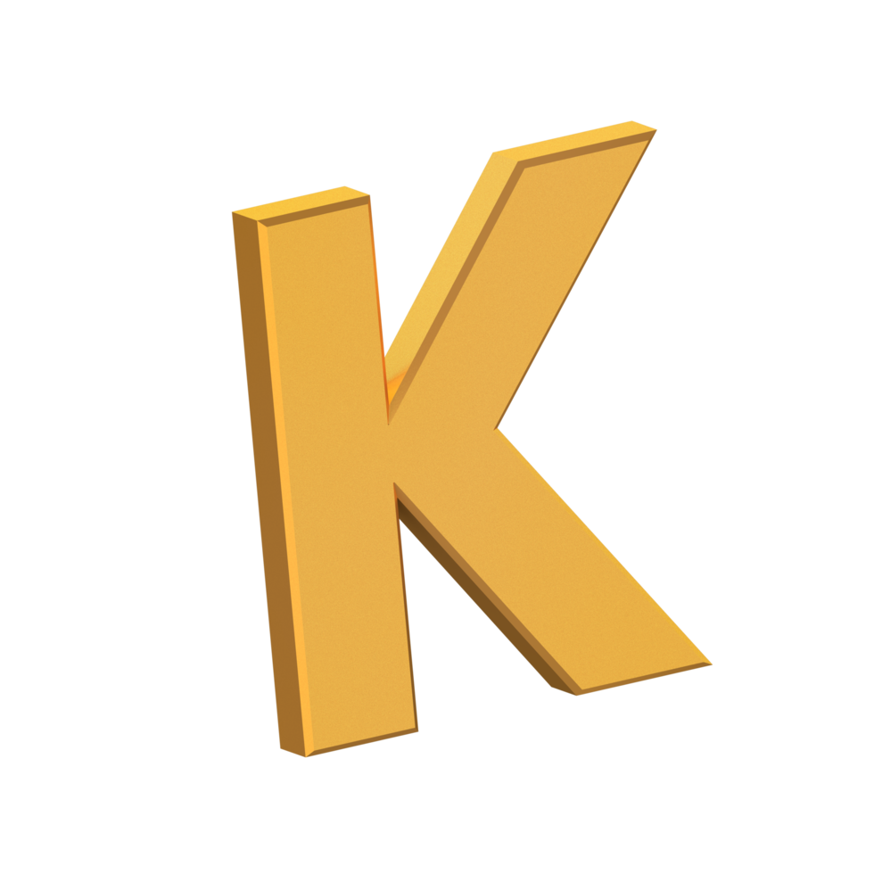 k lettre 3d isolée avec fond transparent, texture dorée, rendu 3d png