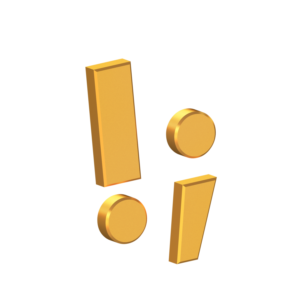 signo de exclamación e icono de coma aislado con fondo transparente, textura dorada, representación 3d png