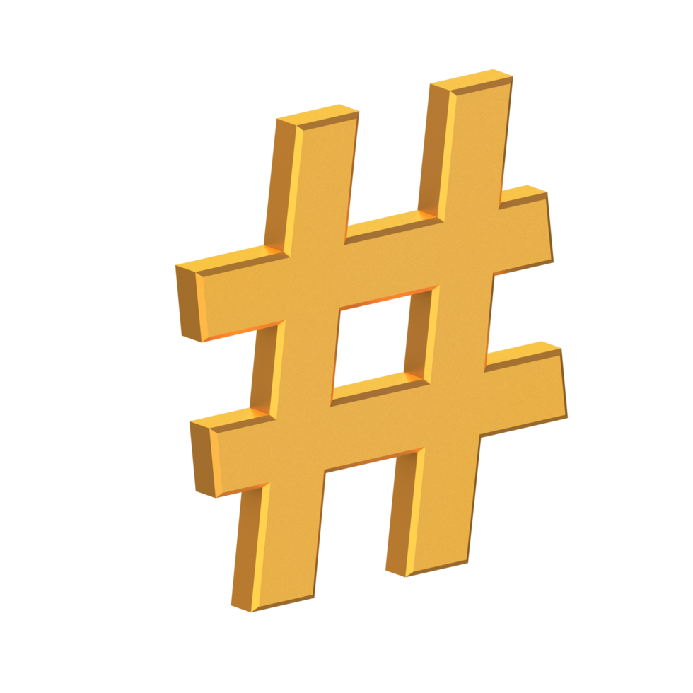 icono de hashtag aislado con fondo transparente, textura dorada, representación 3d png