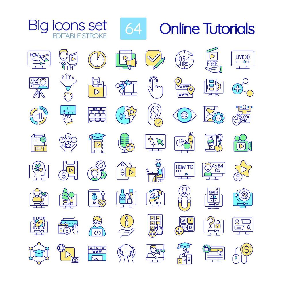 Online tutorials RGB color icons set. Educational content. Elearning. Isolated vector illustrations. Simple filled line drawings collection. Editable stroke