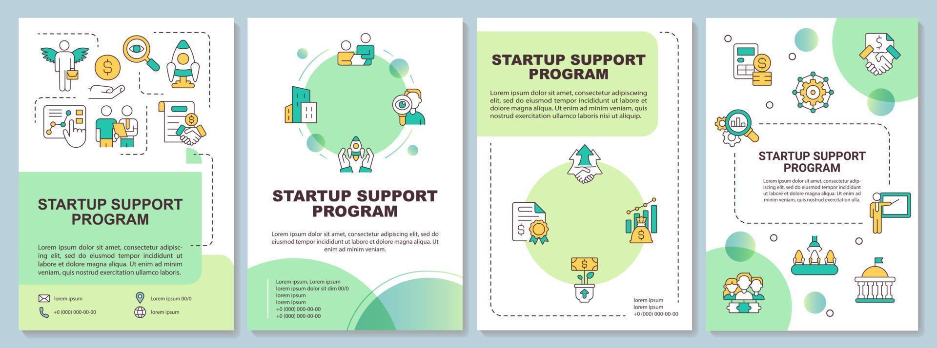 Start-up assistance program green brochure template. Leaflet design with linear icons. Editable 4 vector layouts for presentation, annual reports