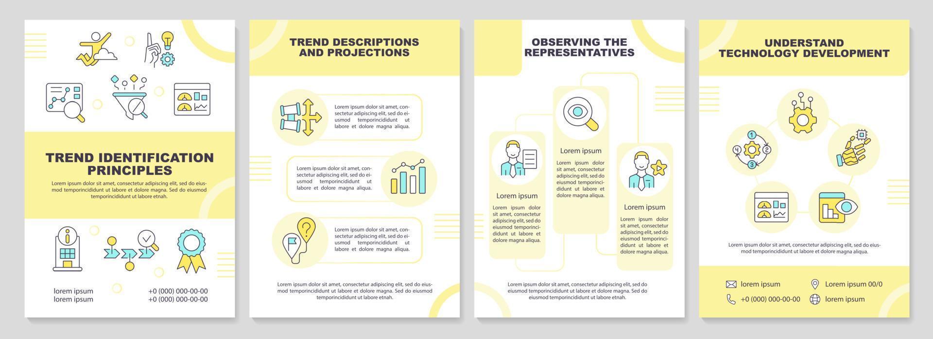 Trend identification yellow brochure template. Market research. Leaflet design with linear icons. Editable 4 vector layouts for presentation, annual reports