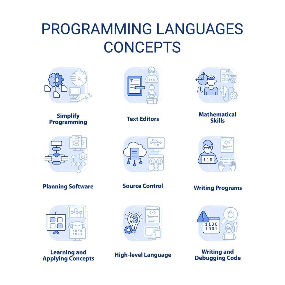 Programming languages light blue concept icons set. Writing code ...