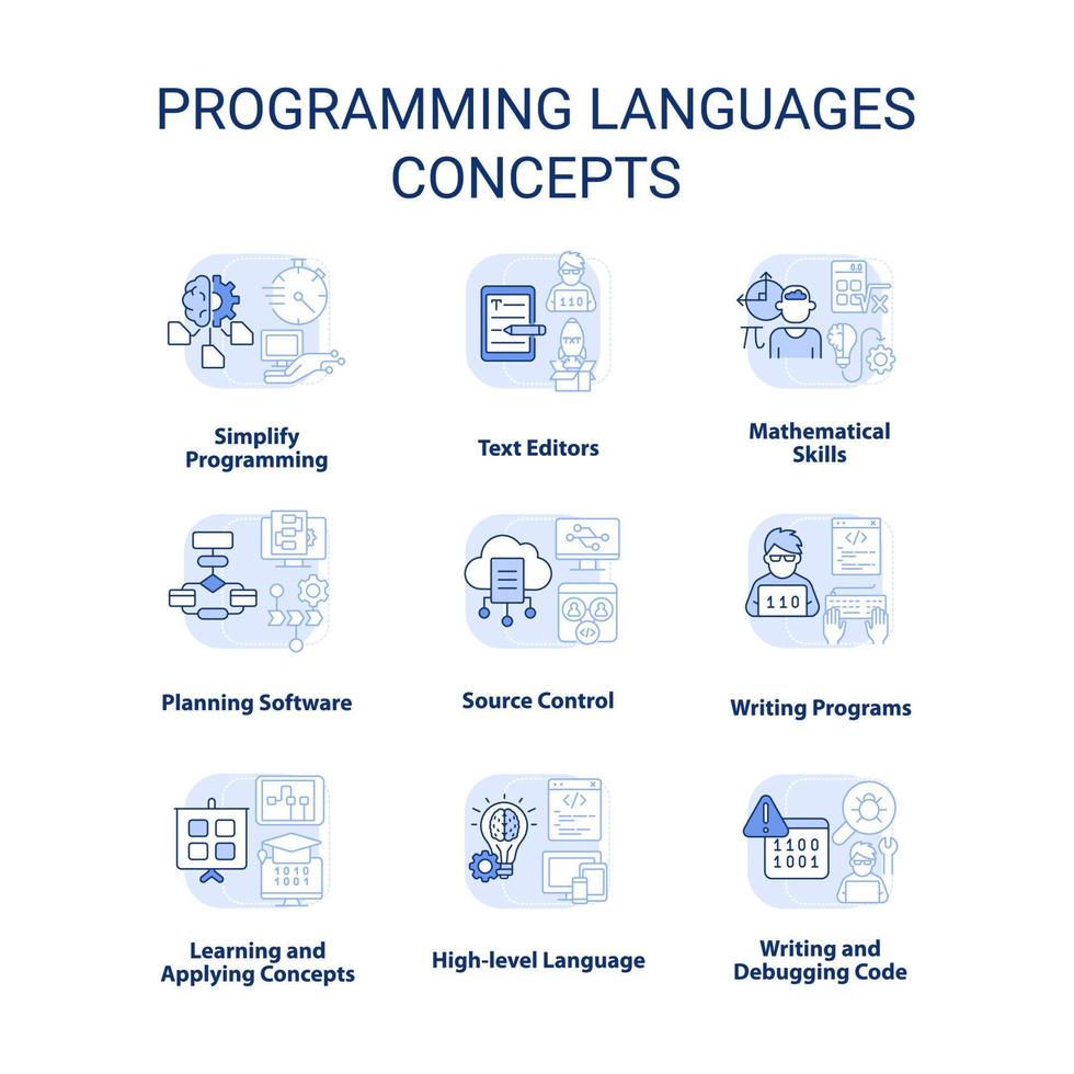 lenguajes de programación conjunto de iconos de concepto azul claro. código de escritura. ilustraciones de color de línea delgada de idea de ciencia informática. símbolos aislados. trazo editable vector