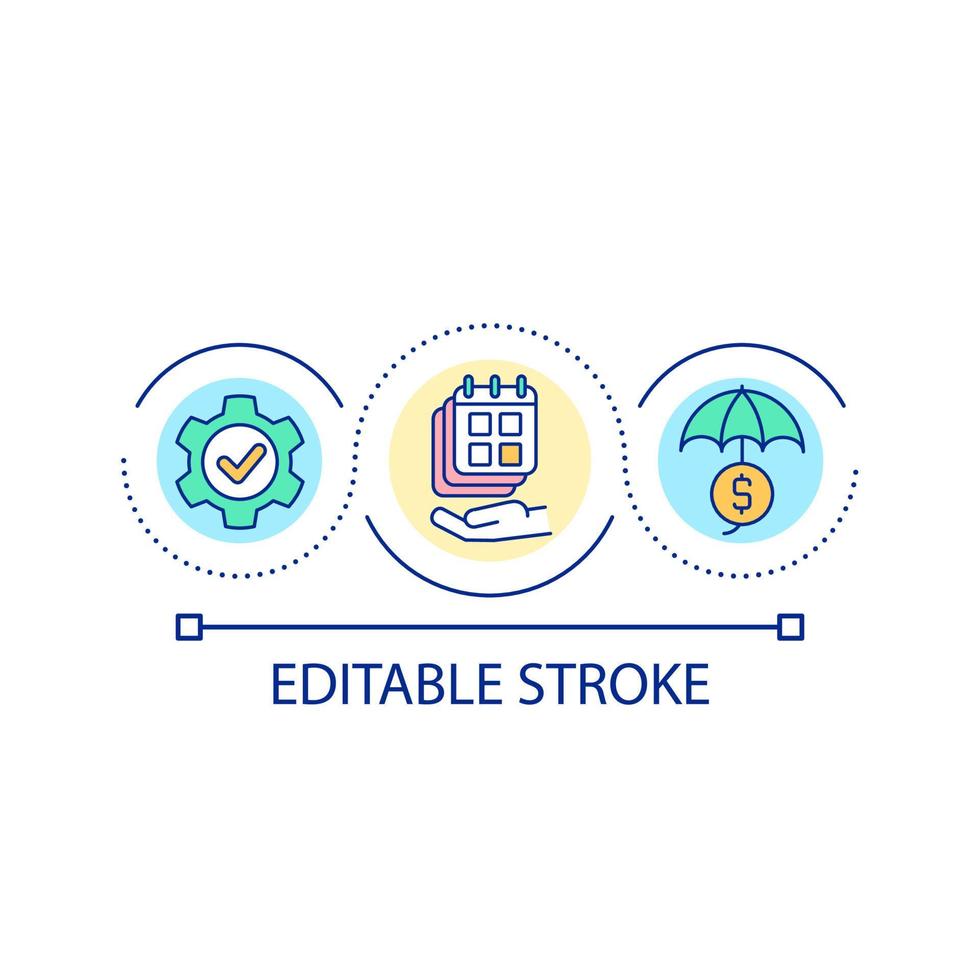 Financial insurance plan loop concept icon. Secure economic situation in business abstract idea thin line illustration. Financial calendar. Isolated outline drawing. Editable stroke vector