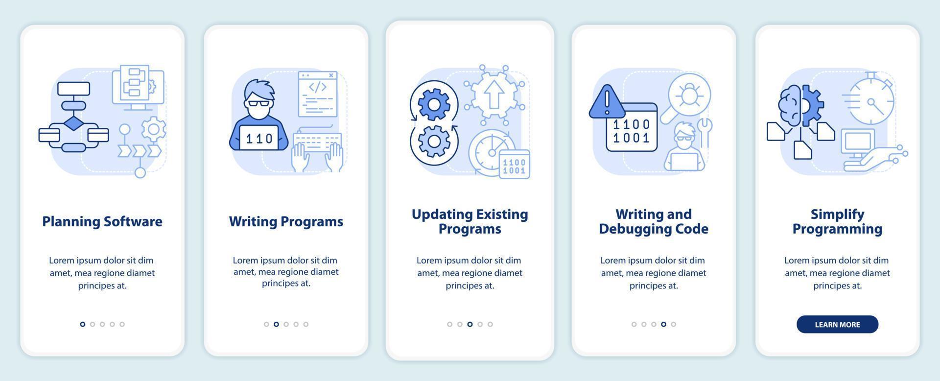 Programming skills light blue onboarding mobile app screen. Walkthrough 5 steps graphic instructions pages with linear concepts. UI, UX, GUI template vector