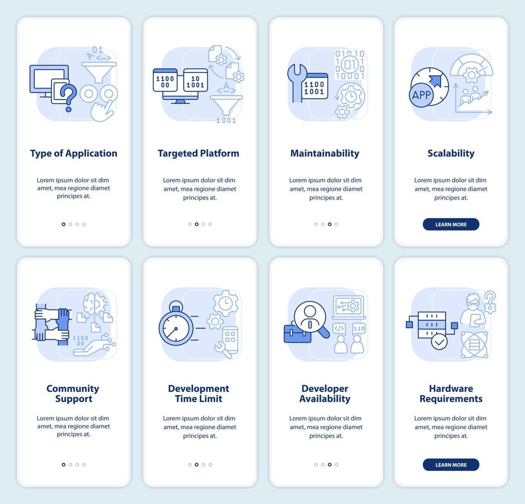 Programming language choice light blue onboarding mobile app screen set. Walkthrough 5 steps graphic instructions pages with linear concepts. UI, UX, GUI template vector