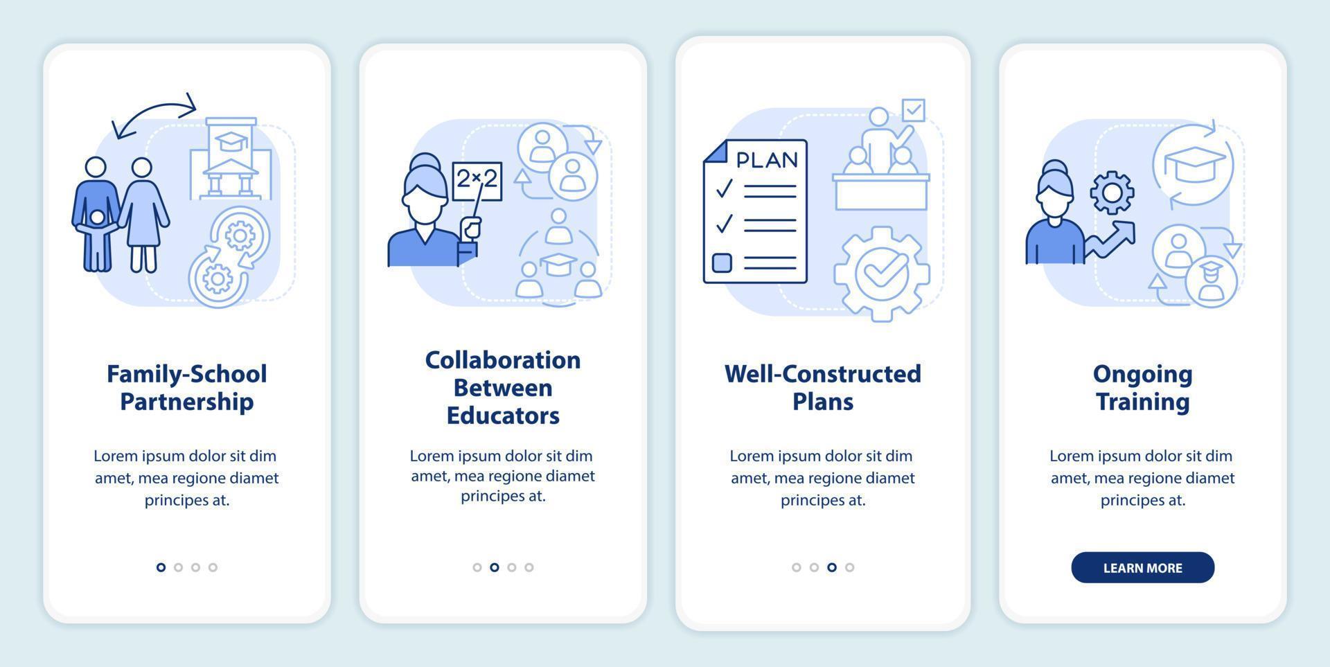 Inclusive classrooms light blue onboarding mobile app screen. Walkthrough 4 steps editable graphic instructions with linear concepts. UI, UX, GUI template vector