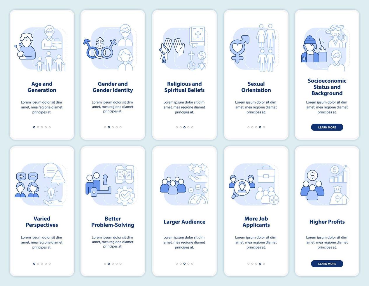 Diversity and inclusion light blue onboarding mobile app screen set. Walkthrough 5 steps editable graphic instructions with linear concepts. UI, UX, GUI template vector
