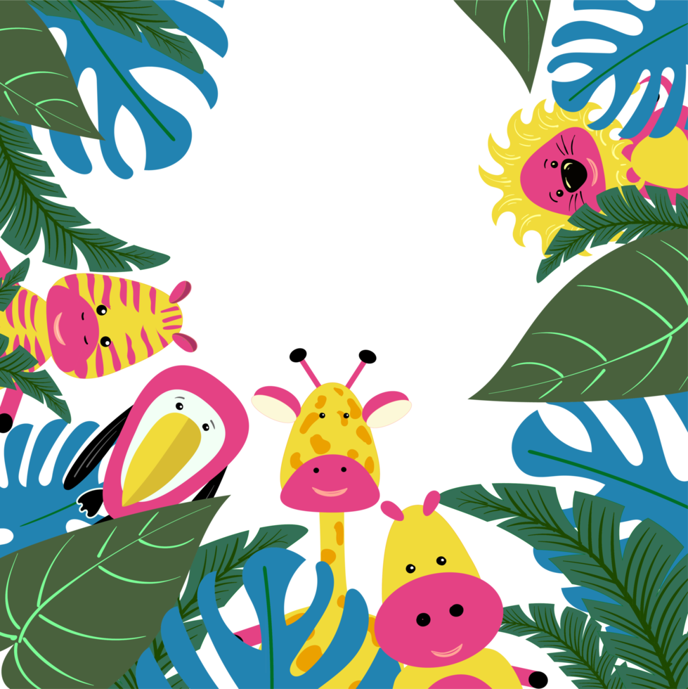 cadre bébé avec des animaux. oiseau toucan, girafe et lion. personnages bébés animaux png