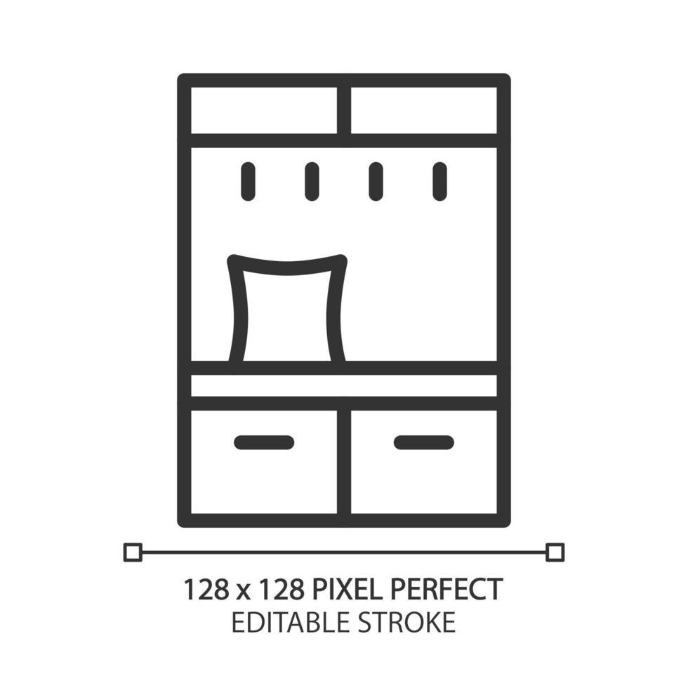 Hall tree pixel perfect linear icon. Cabinet storage with coat hooks and bench. Contemporary home furniture store. Thin line illustration. Contour symbol. Vector outline drawing. Editable stroke