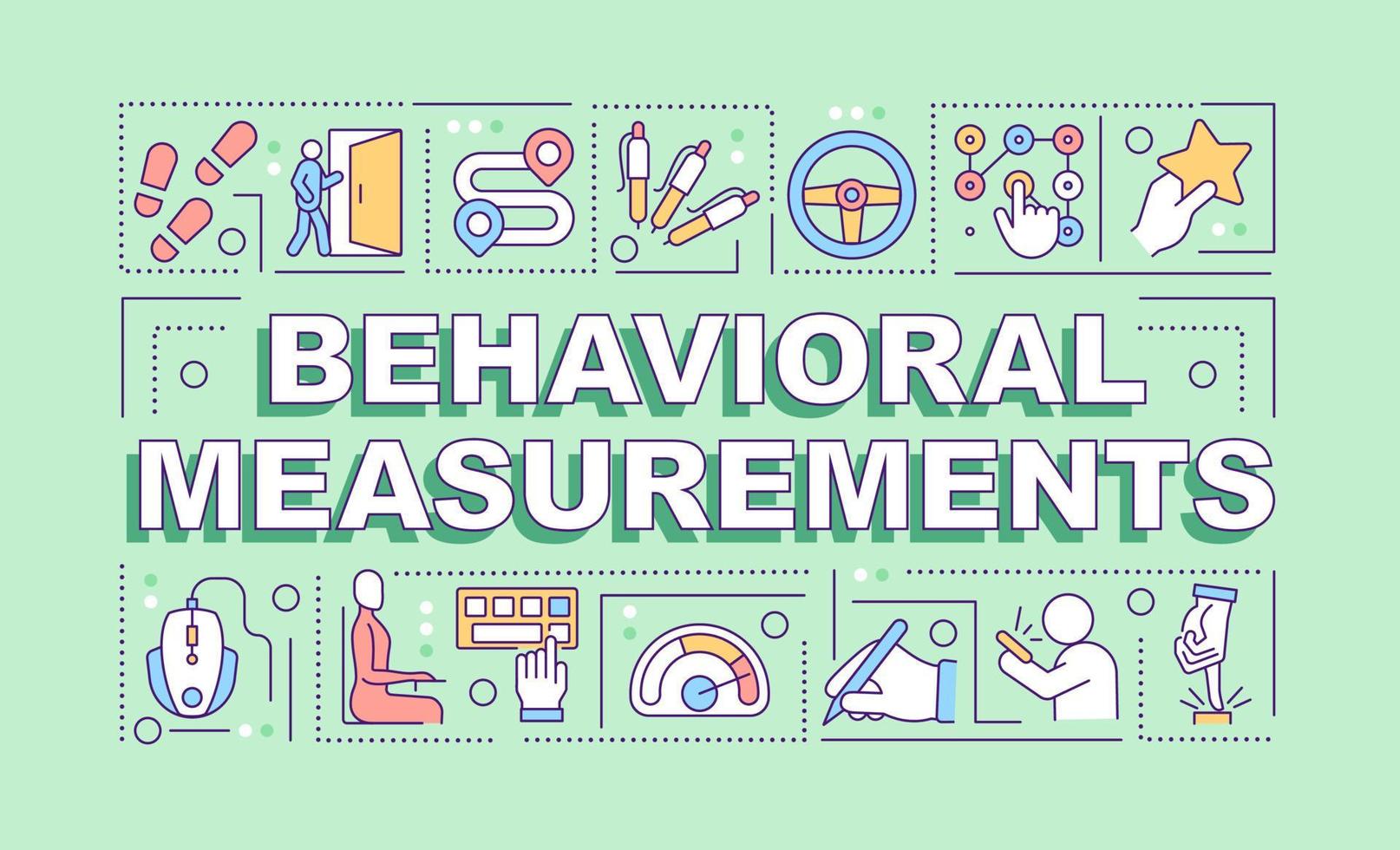 Behavioral measurements word concepts green banner. Data analysing. Infographics with editable icons on color background. Isolated typography. Vector illustration with text