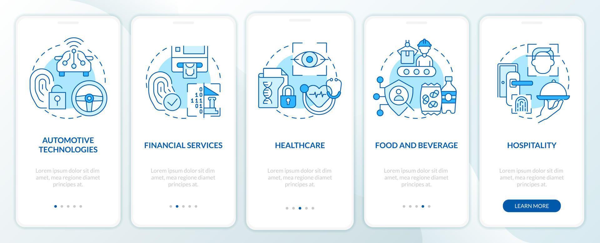 Biometric technology using blue onboarding mobile app screen. Access walkthrough 5 steps editable graphic instructions with linear concepts. UI, UX, GUI template vector