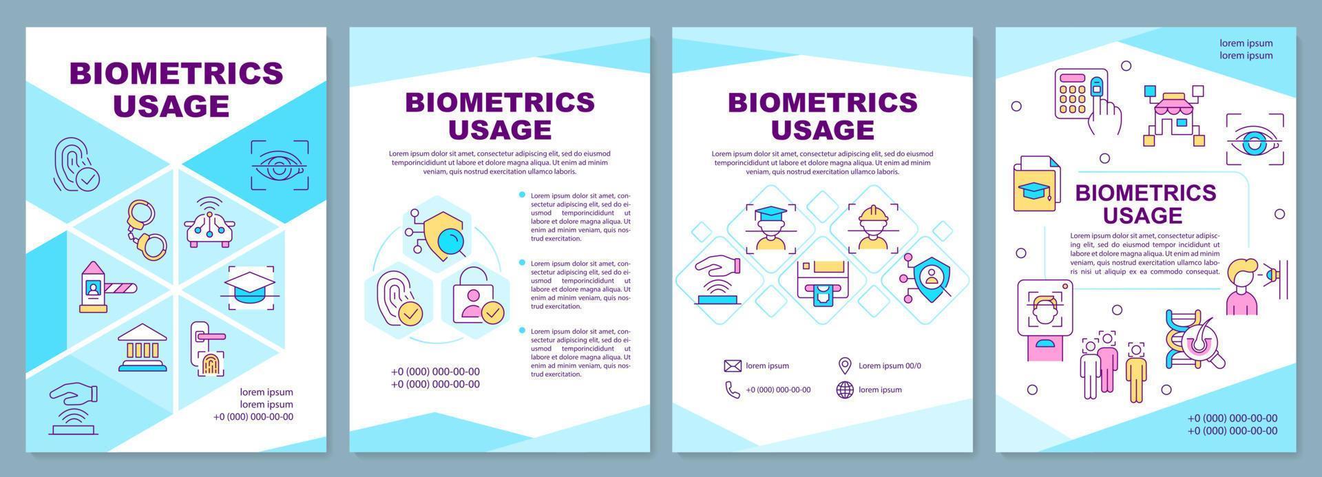 Biometrics usage blue brochure template. Identity technology. Leaflet design with linear icons. Editable 4 vector layouts for presentation, annual reports