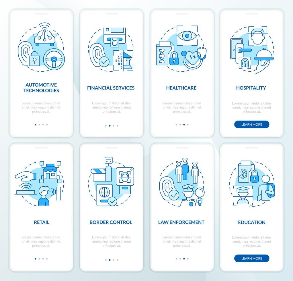 Usage of biometric technology blue onboarding mobile app screen set. Walkthrough 4 steps editable graphic instructions with linear concepts. UI, UX, GUI template vector