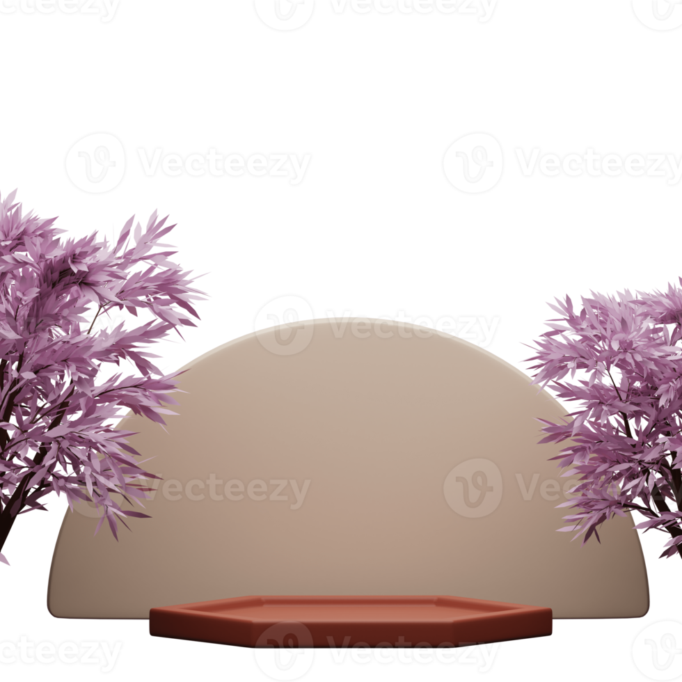 3d rendered hexagonal podium with purple tree and half of circle at the back perfect for product photoshoot png