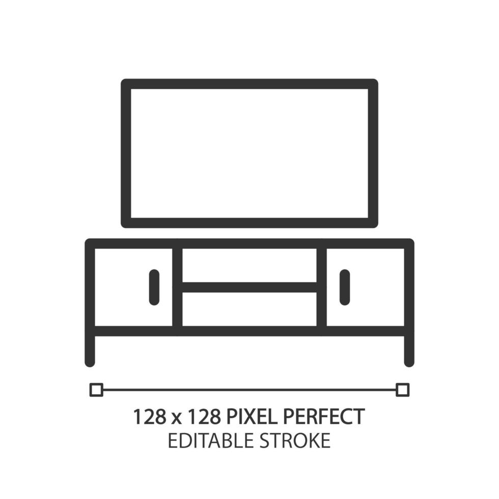 TV stand pixel perfect linear icon. Entertainment center. Watching movies. Television. Contemporary home furniture. Thin line illustration. Contour symbol. Vector outline drawing. Editable stroke